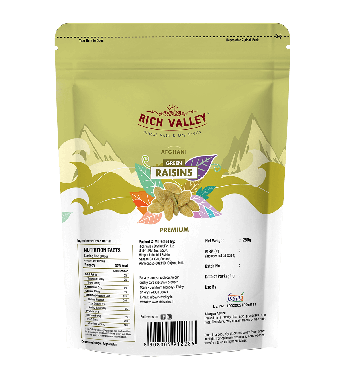 Afghani Green Raisins (Premium), 250 gm Pouch