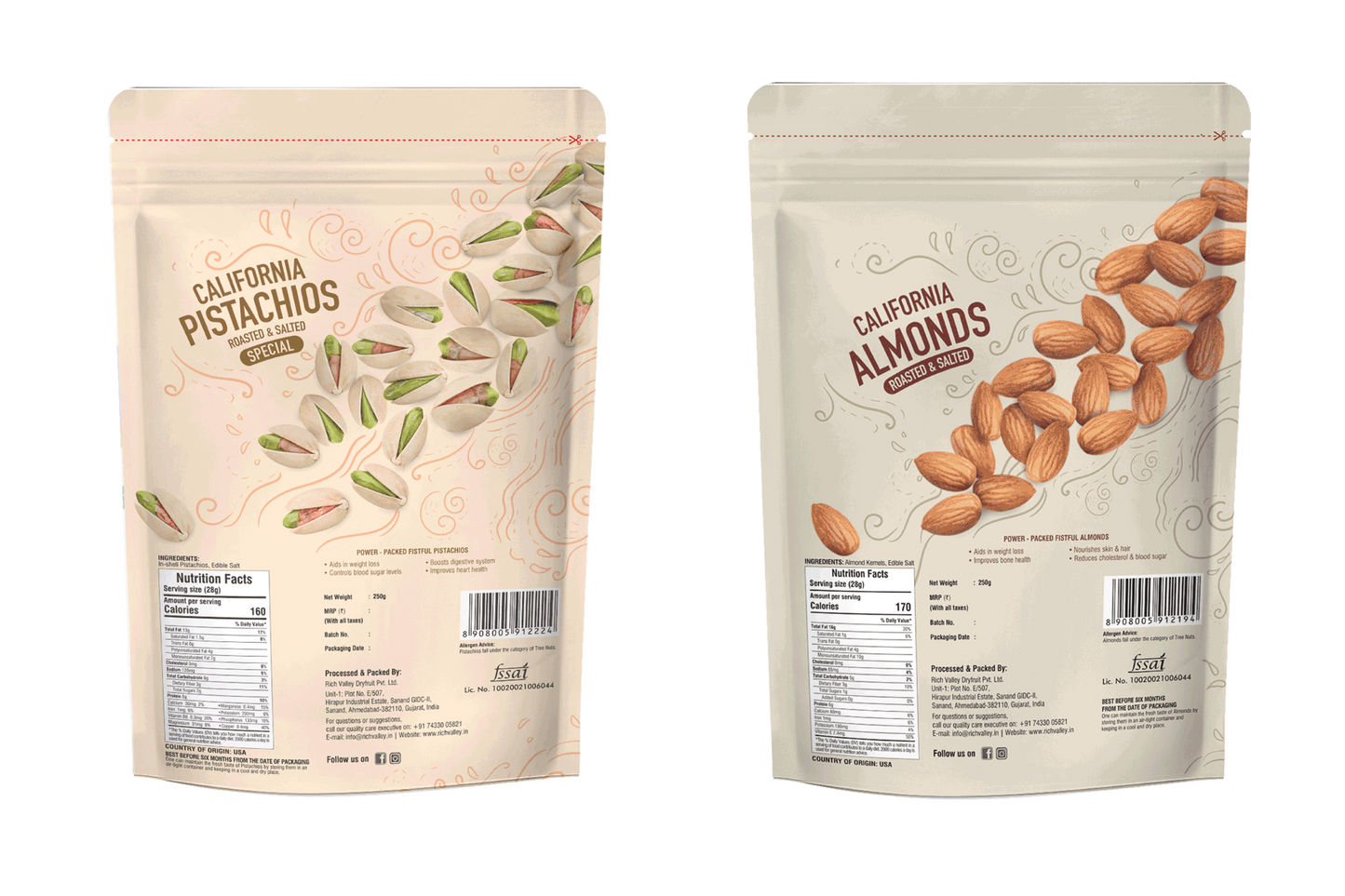 Two packaging bags for California pistachios and almonds on a white background