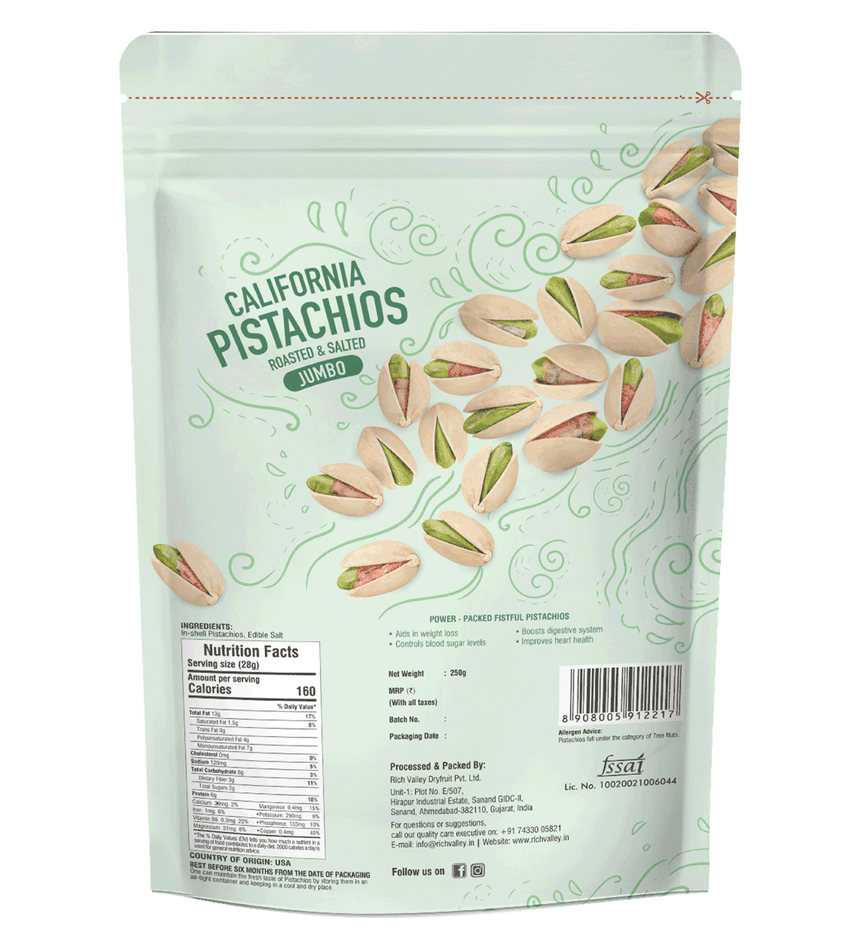 California Pistachio – Roasted & Salted (Jumbo), 250 gm Pouch