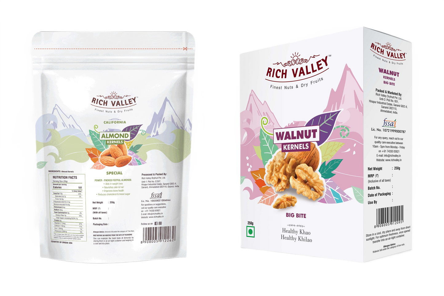 Rich Valley almond and walnut packaging on white background