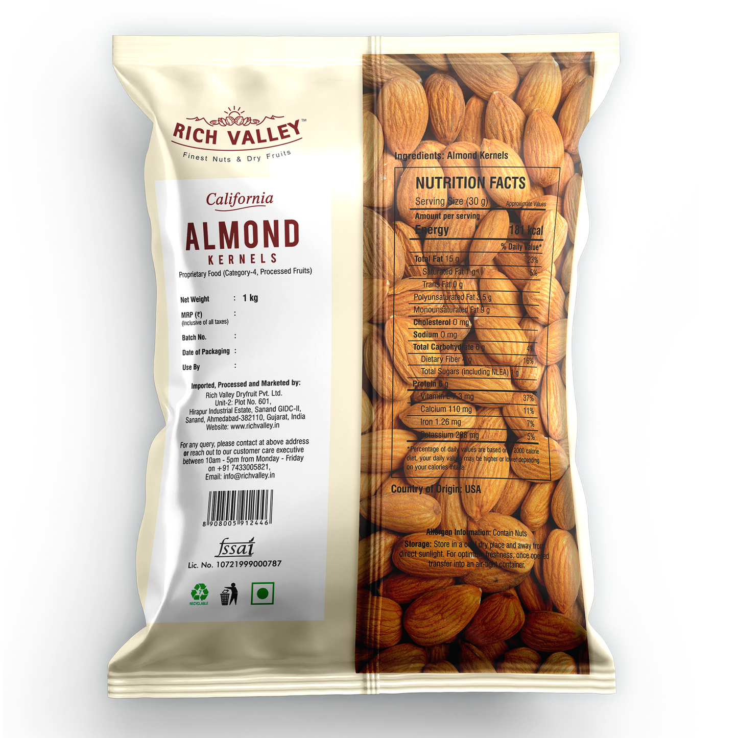 Rich Valley California almond kernels packaging with visible almonds on the side