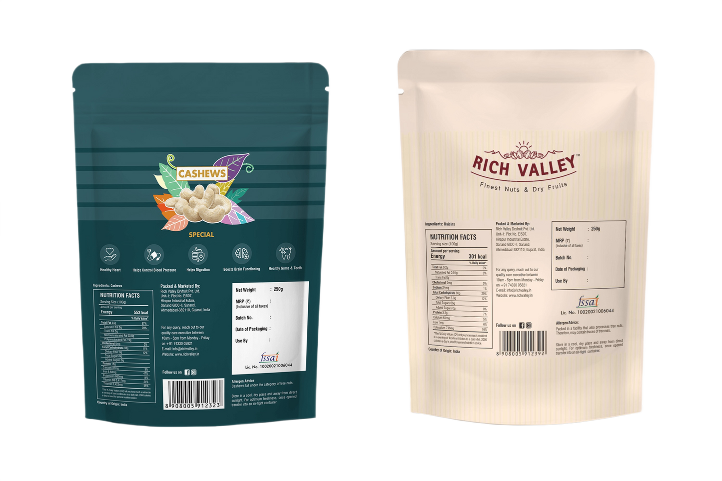Two packaging designs for cashew and Rich Valley products on white background
