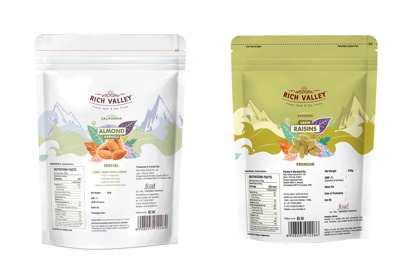Two packaging designs for cashews and raisins with visible branding and nutritional information