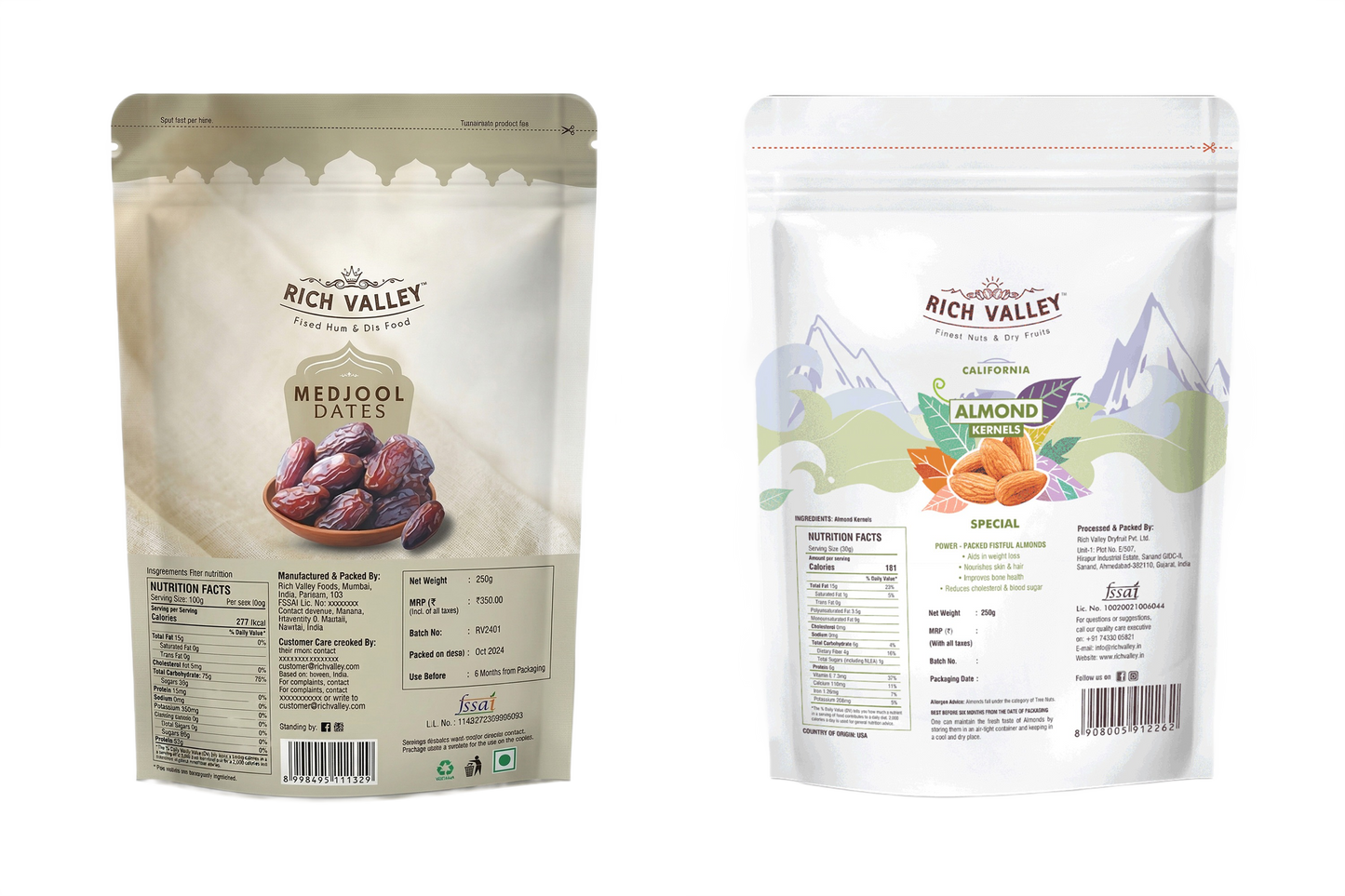 Two Rich Valley packages of Medjool dates and California almond kernels on white background