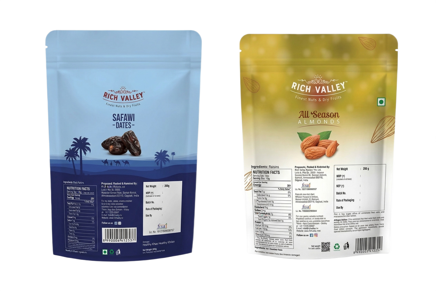 Two Rich Valley date packaging packs on white background