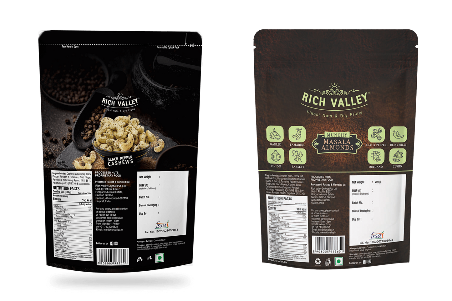 Two packages of Rich Valley masala almonds on a white background