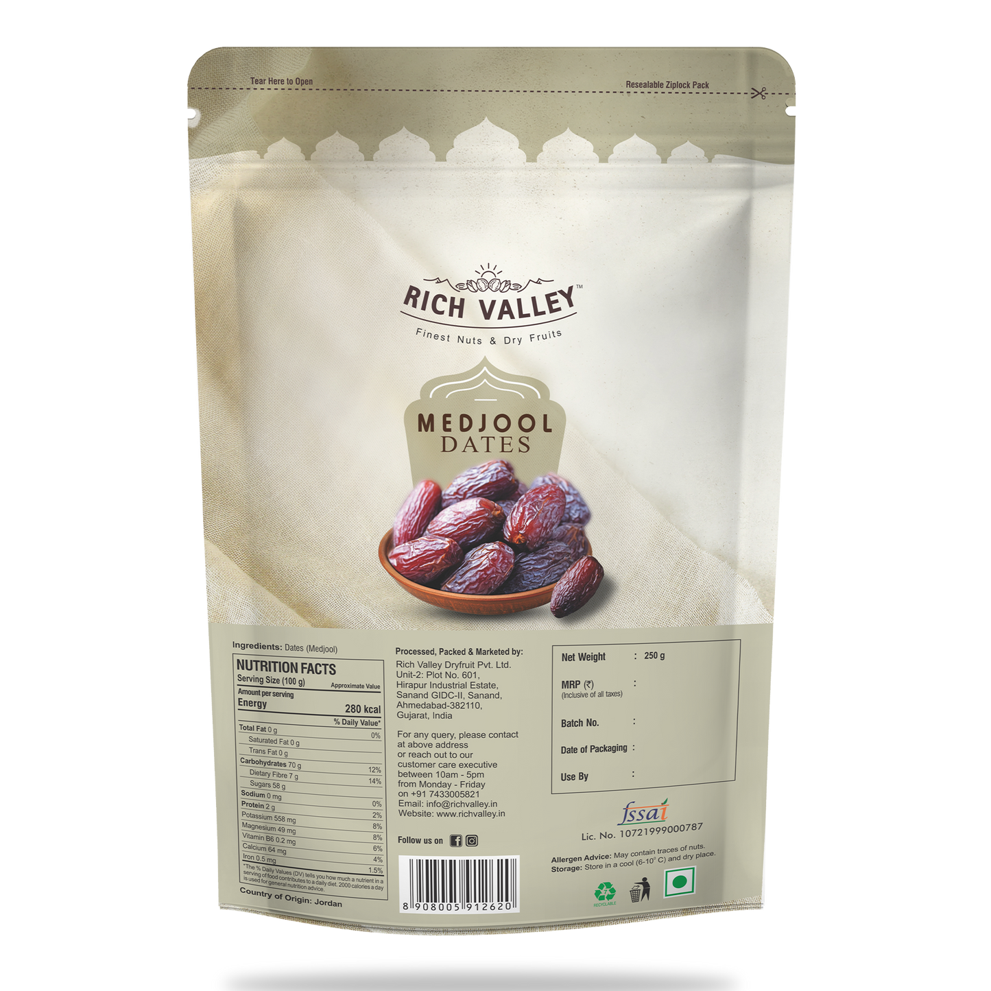 Rich Valley Medjool dates packaging on white background