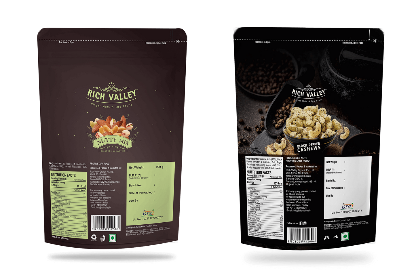 Two packages of Rich Valley nutty mix on a white background