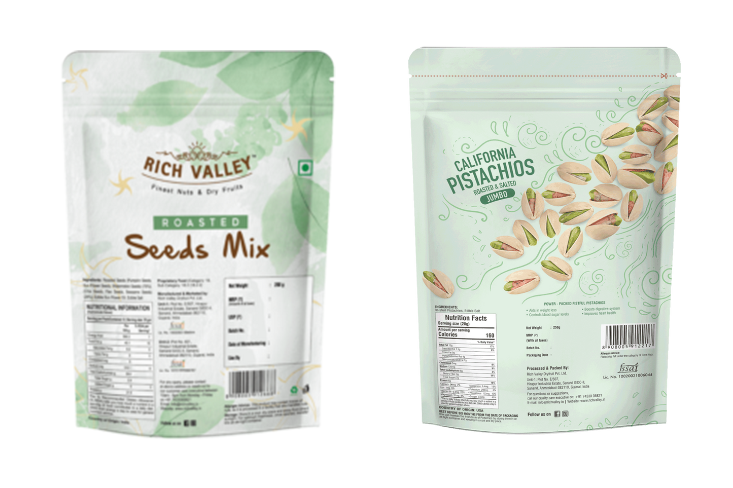 Two packages of Rich Valley roasted seeds mix and California pistachios on a white background