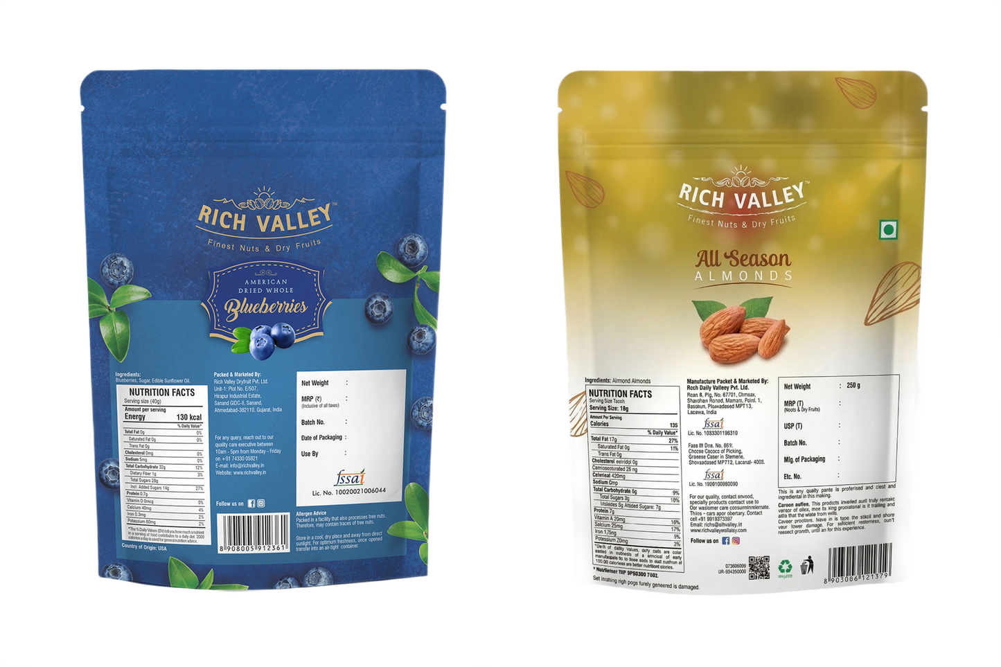 Two Rich Valley branded snack packages in blue and yellow on a white background