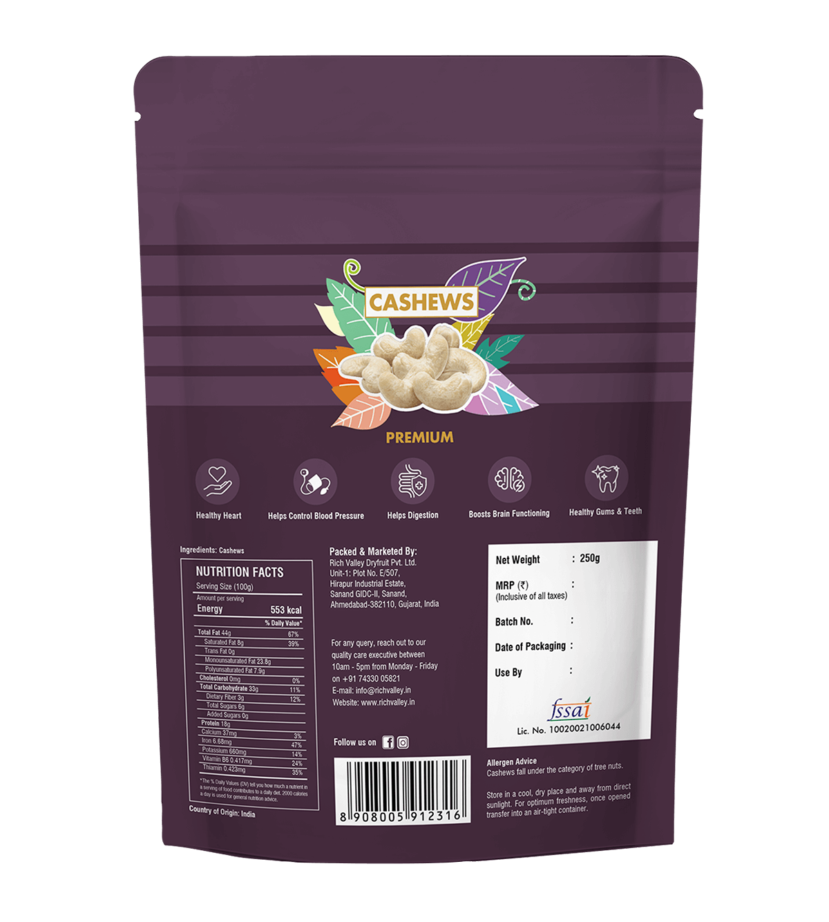 Cashews (Premium), 250 gm Pouch