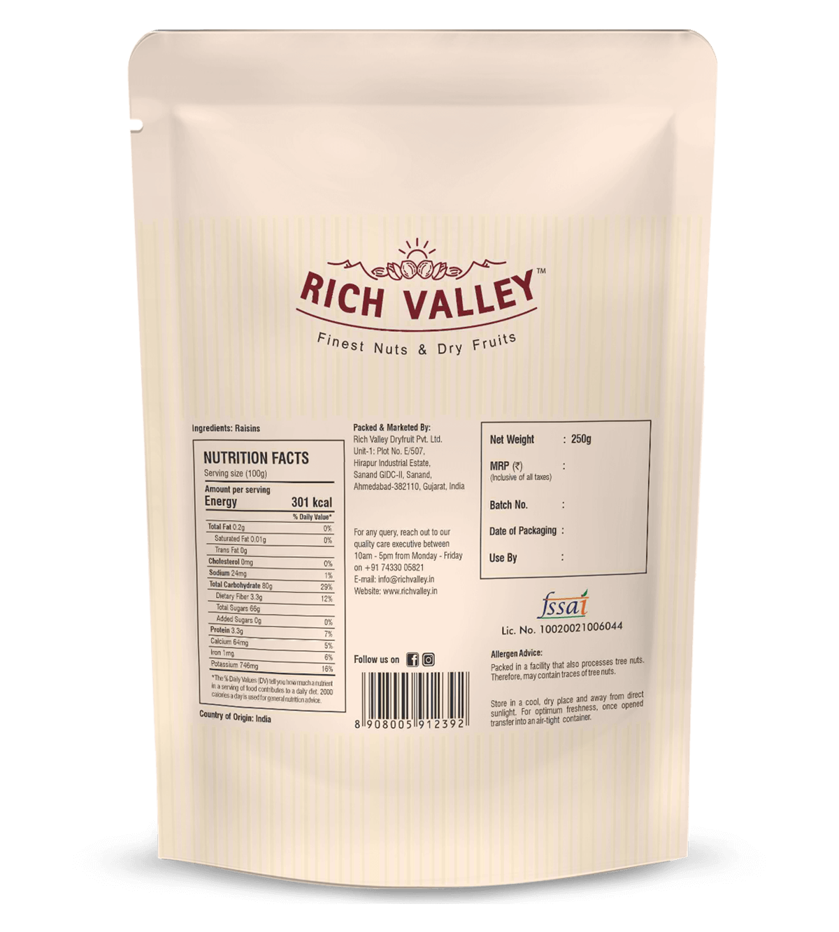 Rich Valley nuts and dry fruits packaging with nutrition facts and product details on white background