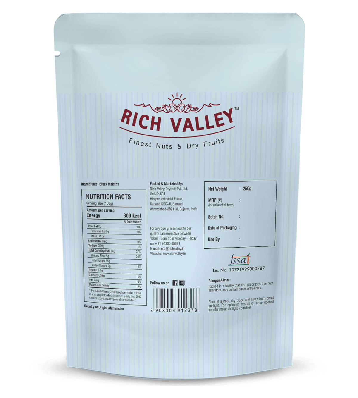 White packaging of Rich Valley nuts with nutrition facts and branding on white background