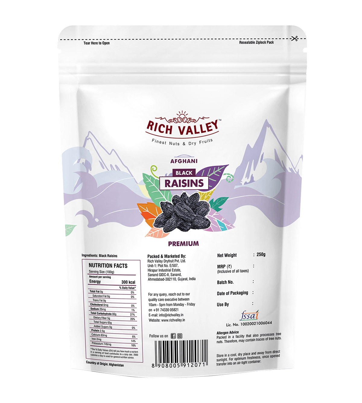 Afghani Black Raisins (Premium), 250 gm Pouch