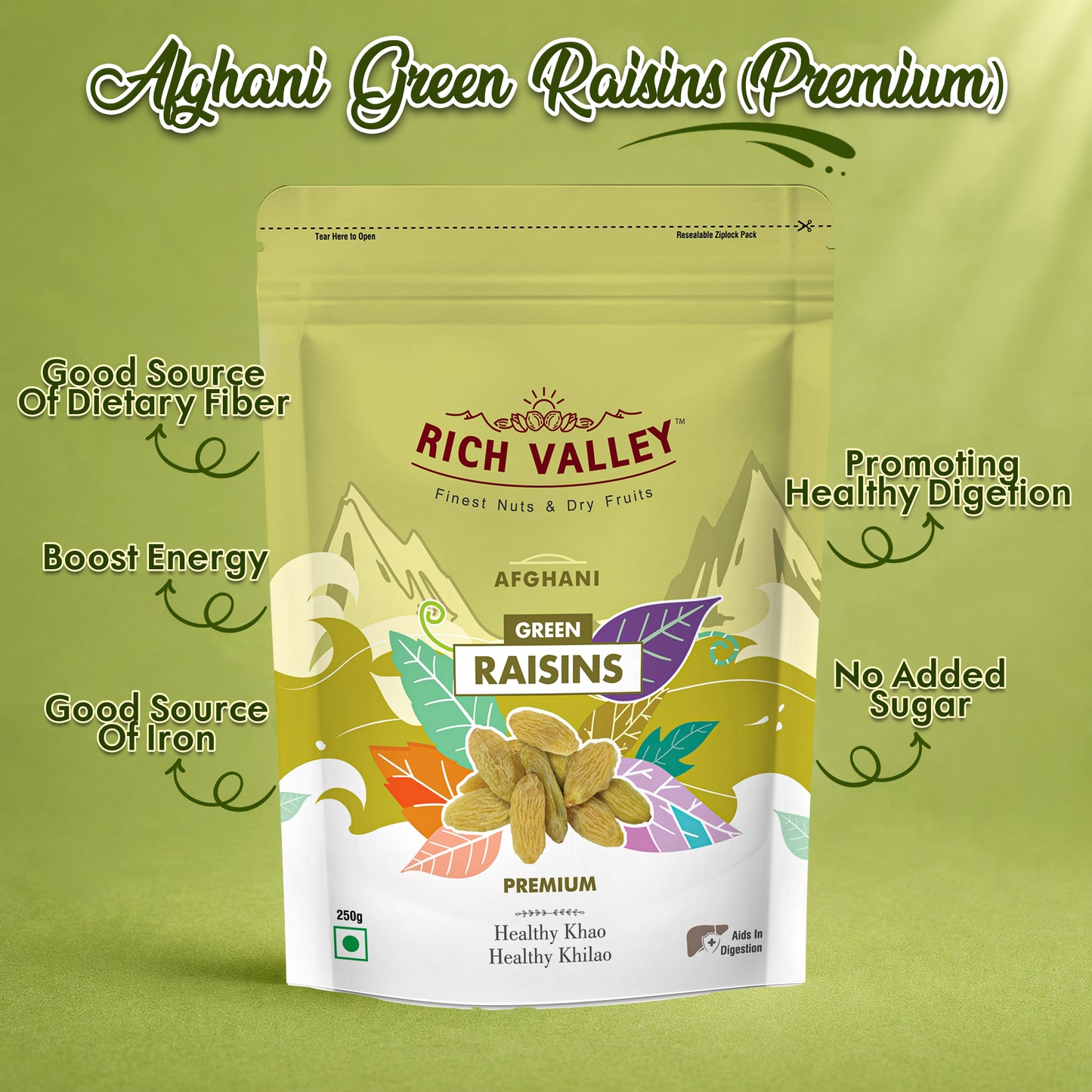 Afghani Green Raisins (Premium), 250 gm Pouch