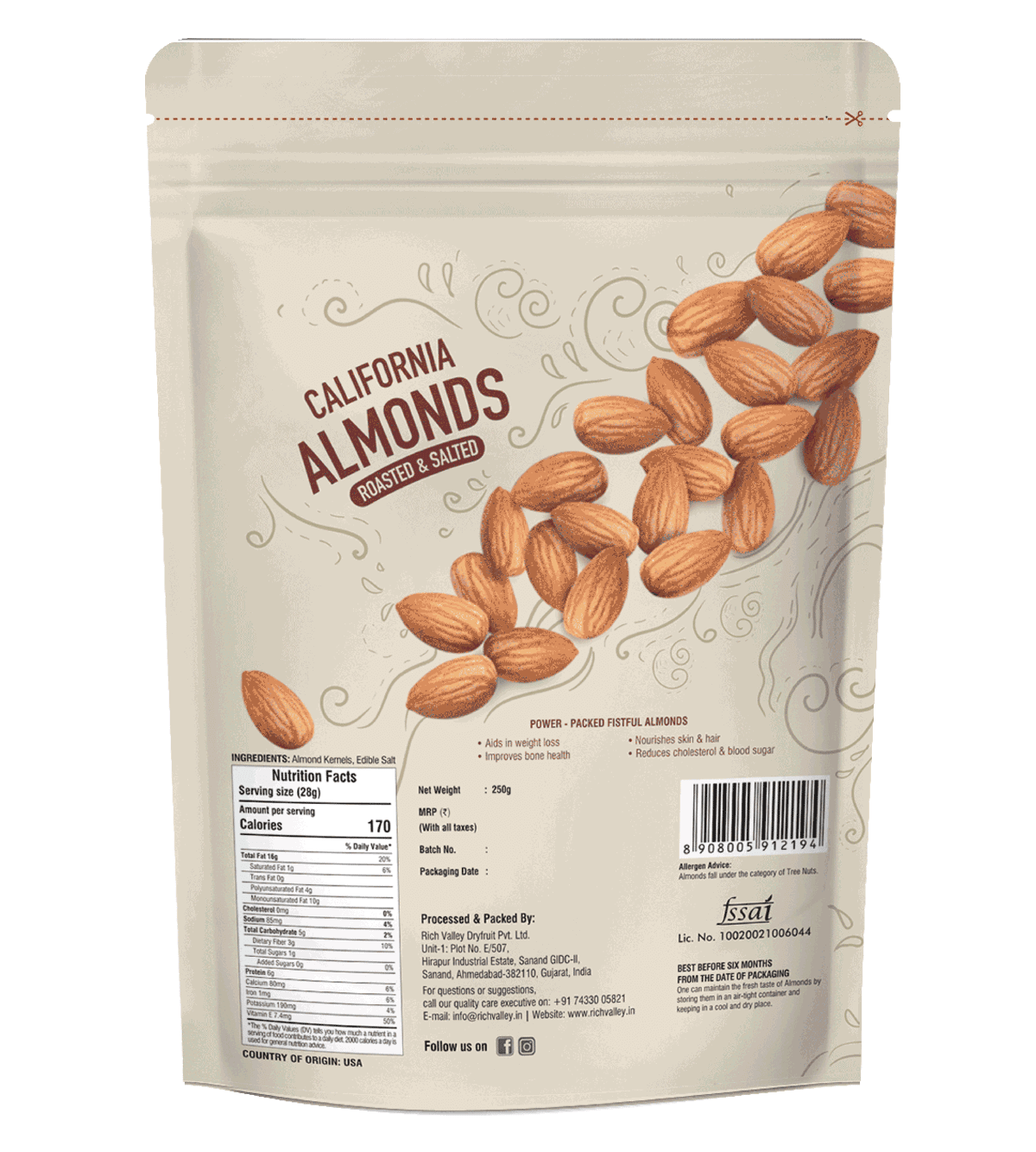 California Almond (Roasted & Salted), 250 gm Pouch