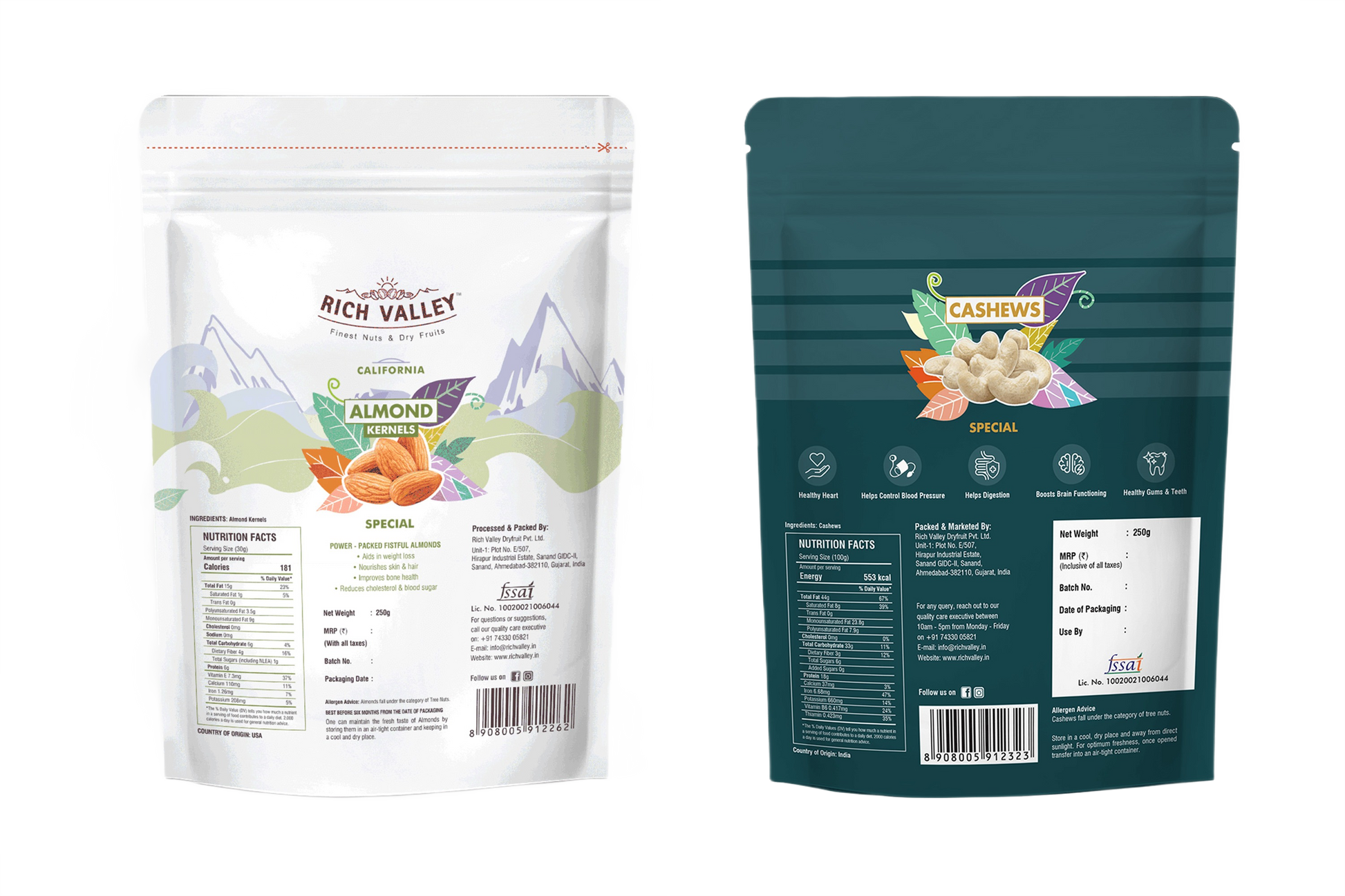 Two almond and cashew packaging with labels on white background