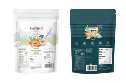 Two almond and cashew packaging with labels on white background