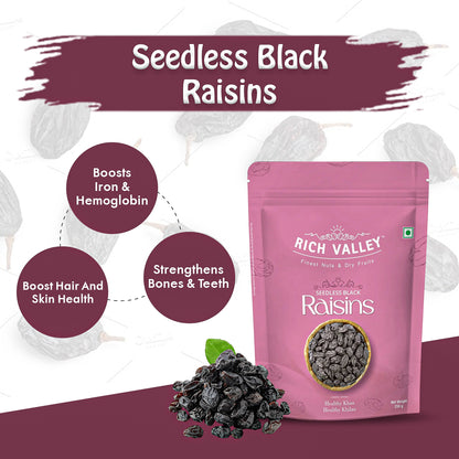 Black raisins with highlighted health benefits on a clean background design