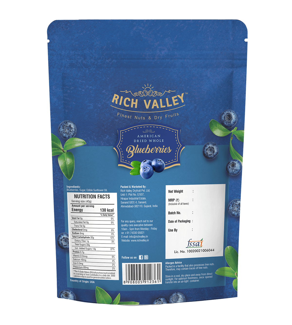 American Dried Whole Blueberries, 200 gm Pouch