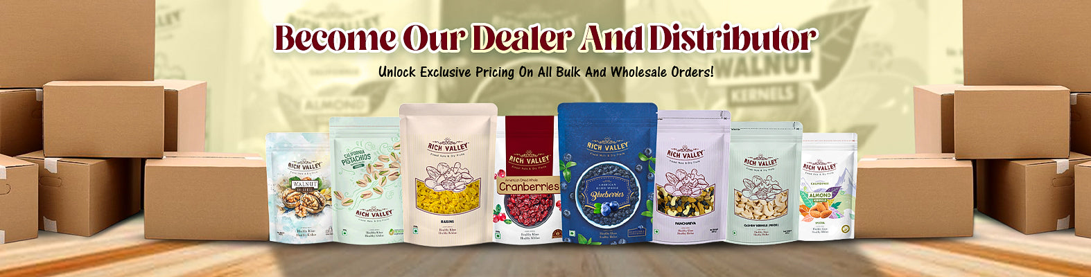 Packaged food products displayed in front of stacked cardboard boxes with promotional text above in a bulk product setup