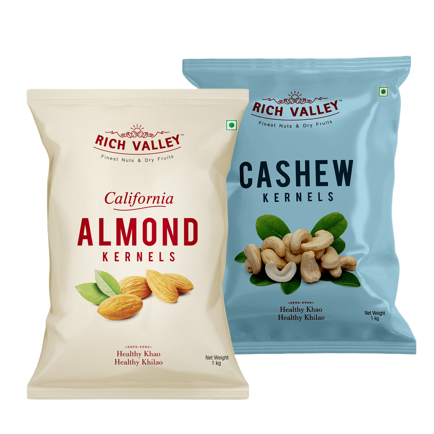 Two Rich Valley packages for California almonds and cashew kernels on white background