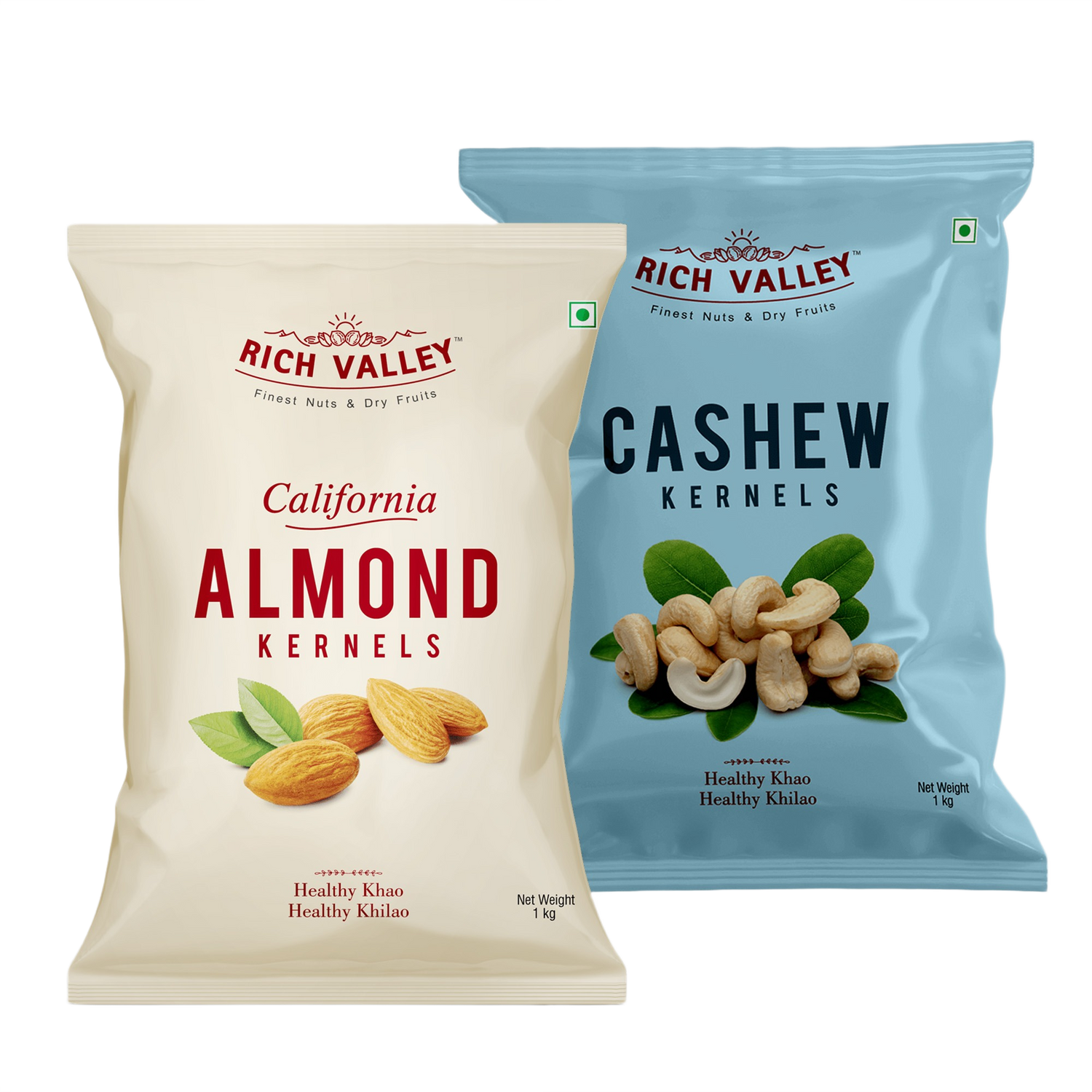 Two Rich Valley packages for California almonds and cashew kernels on white background