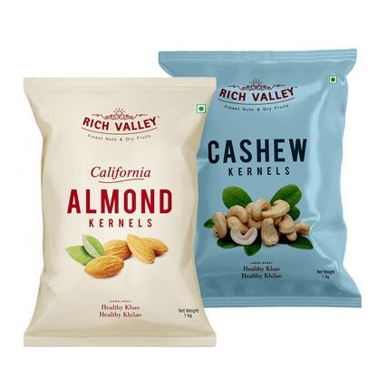 Two Rich Valley packages for California almonds and cashew kernels on white background