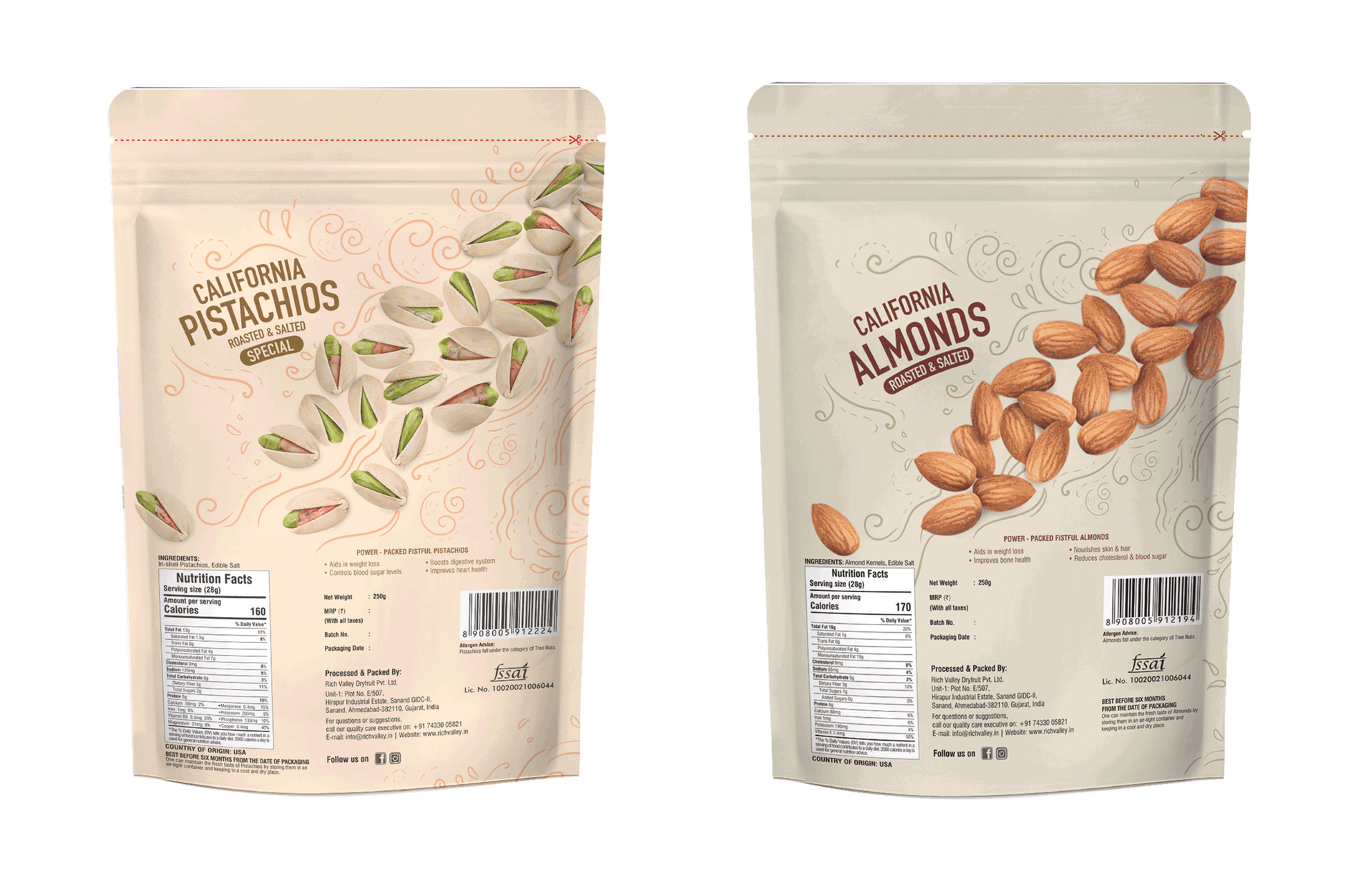 Two packaging bags for California pistachios and almonds on a white background