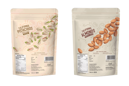 Two packaging bags for California pistachios and almonds on a white background