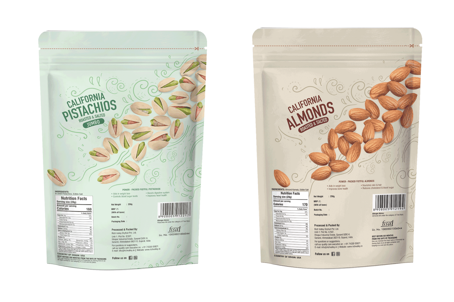 Two packaging bags for California pistachios and almonds on a white background