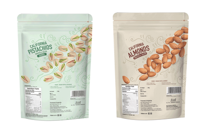 Two packaging bags for California pistachios and almonds on a white background