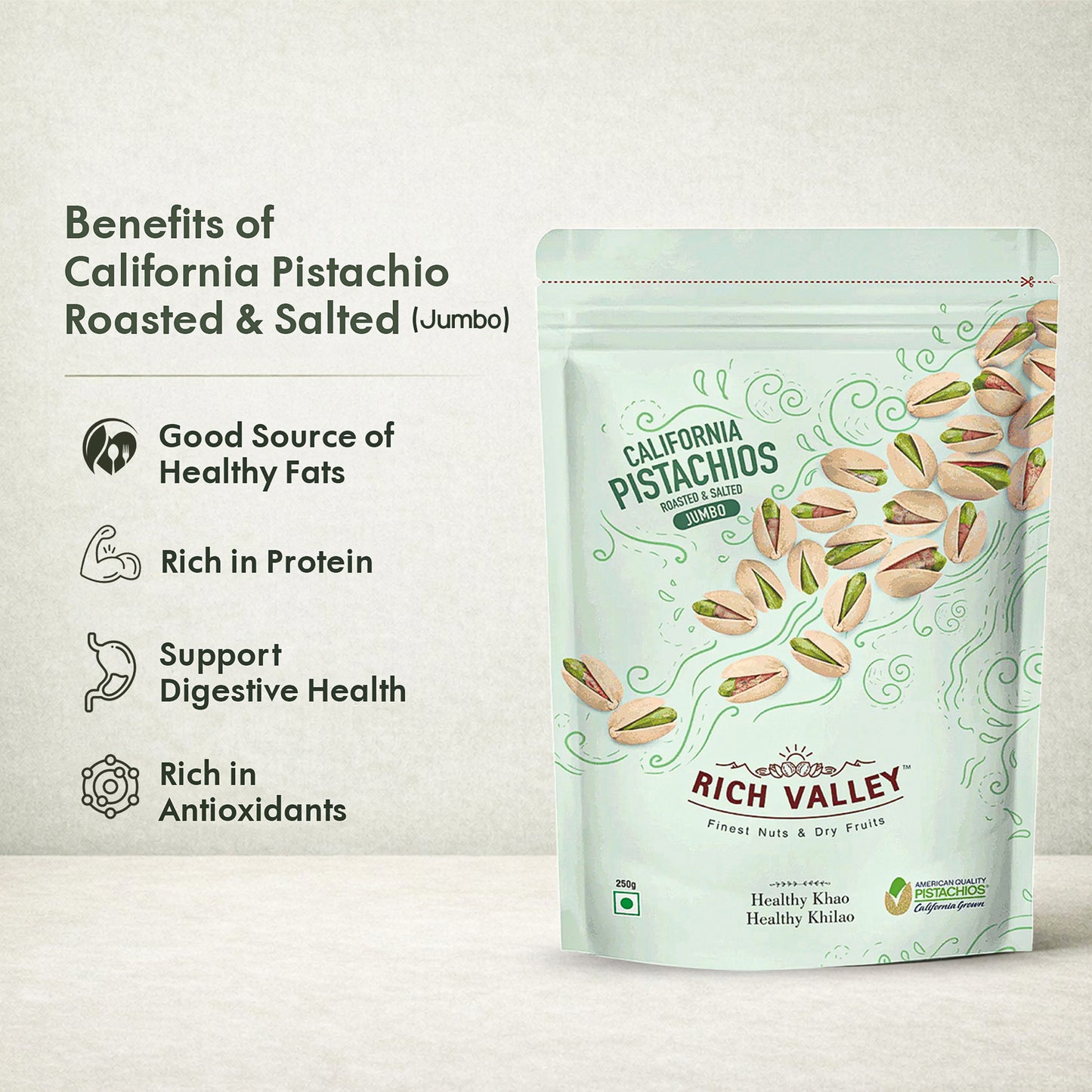 California pistachios with highlighted health benefits and clean background design