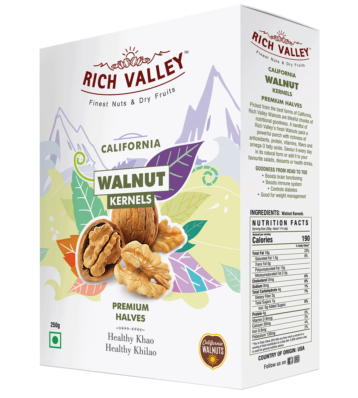California Walnut Kernels (Premium Halves), 250 gm Box