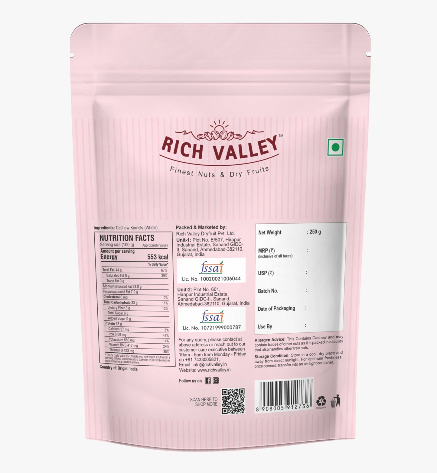 Cashew Kernels (Whole), 250g