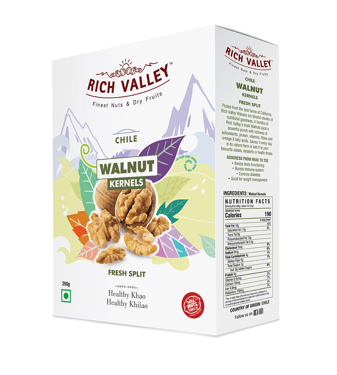 Chile Walnut Kernels (Fresh Splits), 250 gm Box