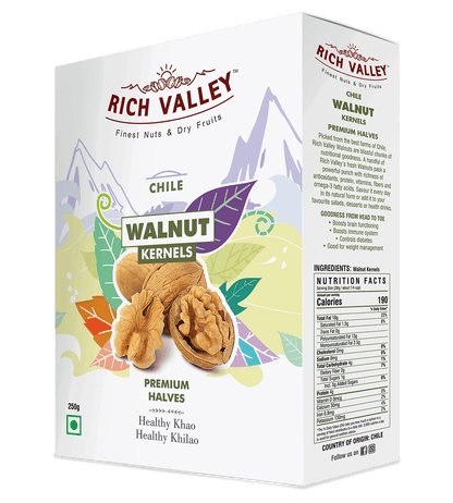 Rich Valley walnut kernels packaging with colorful design and text.

