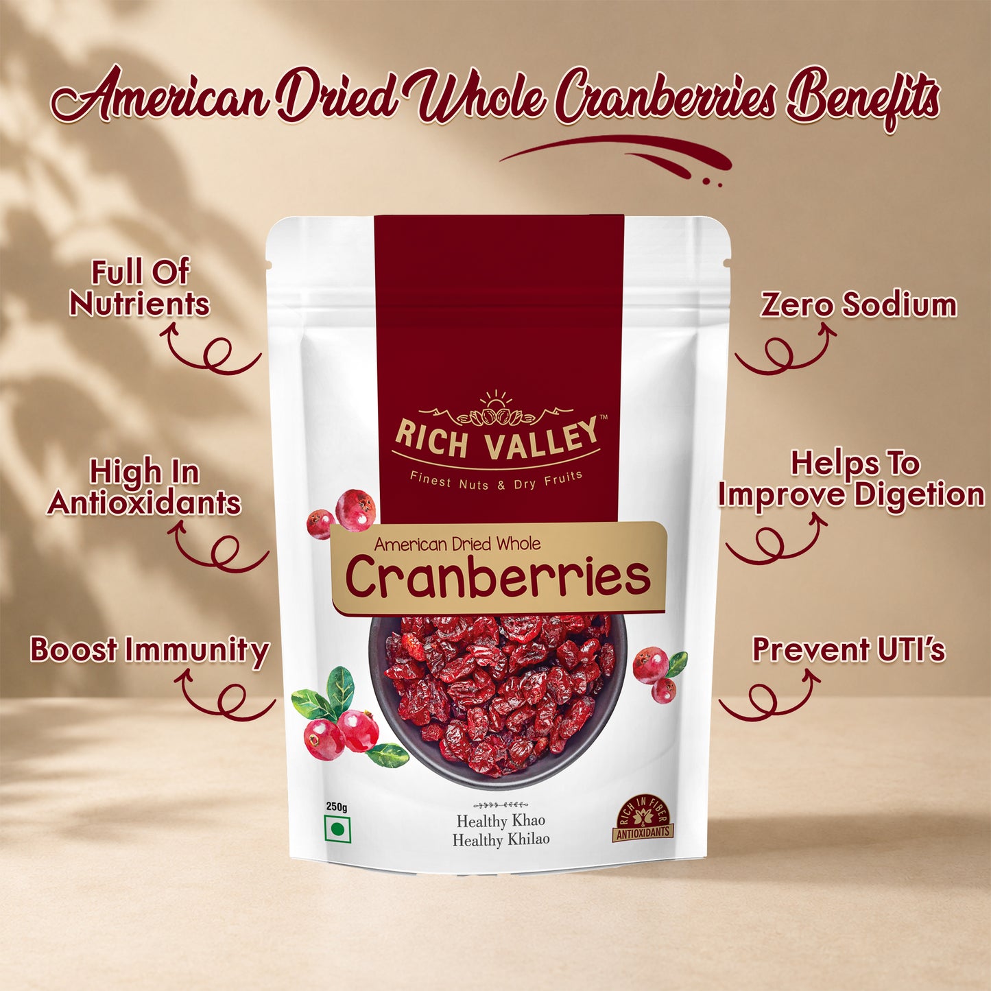American Dried Whole Cranberries, 250 gm Pouch