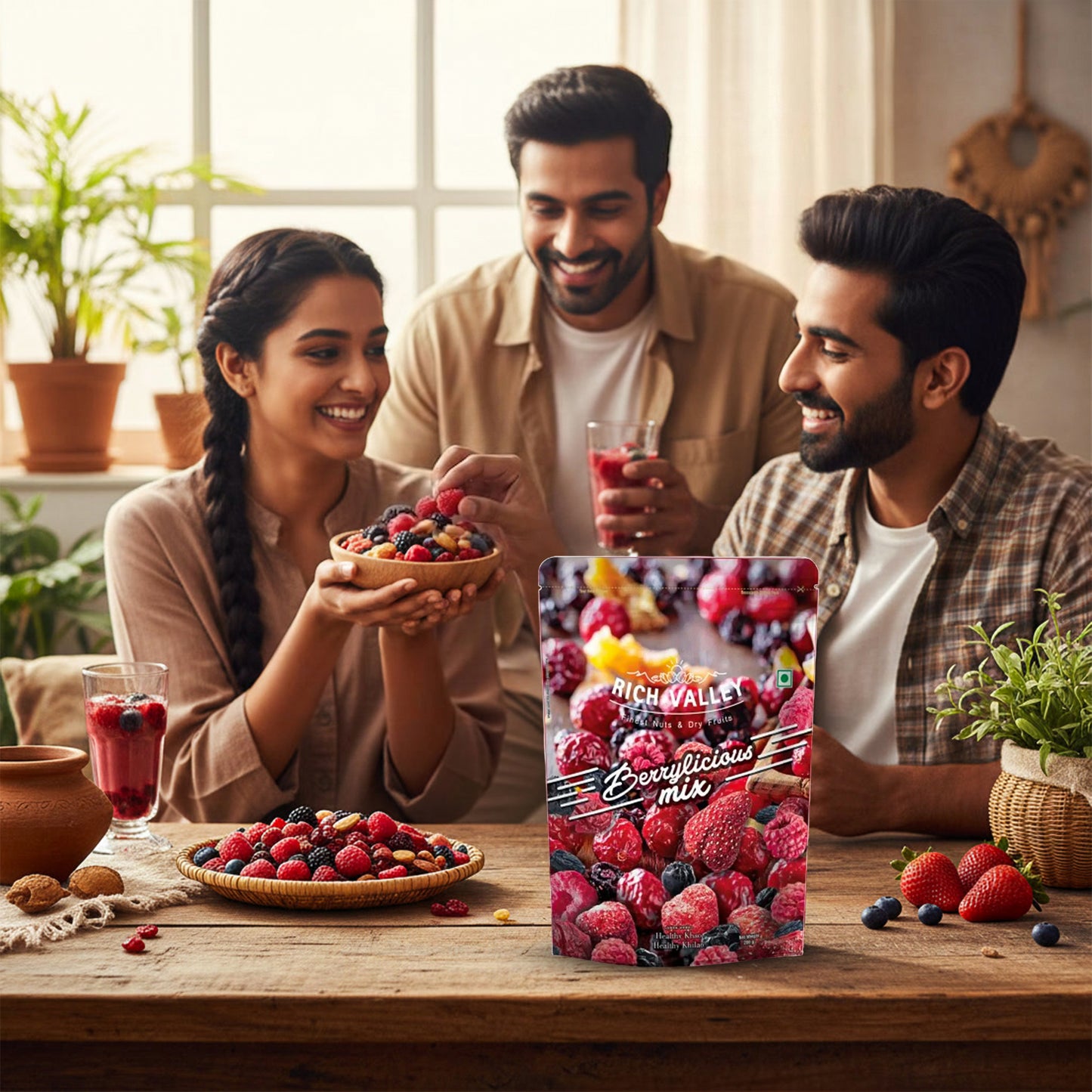 Three people enjoying a healthy berry snack with Everylicious Mix package on a wooden ta