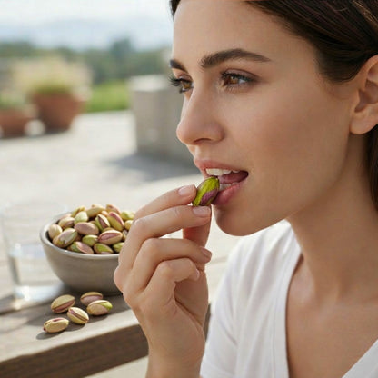 Woman eating a pistachio with a bowl of pistachios on a wooden surface outdoors