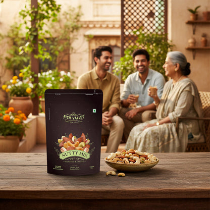 Packaged roasted nutty mix snack placed on a table with people blurred in the background, healthy mixed nuts ready to eat