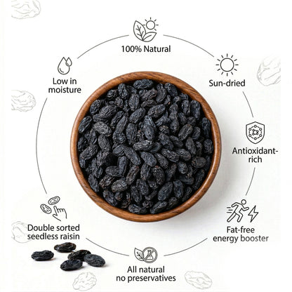 Wooden bowl of raisins with health benefits text on a white background