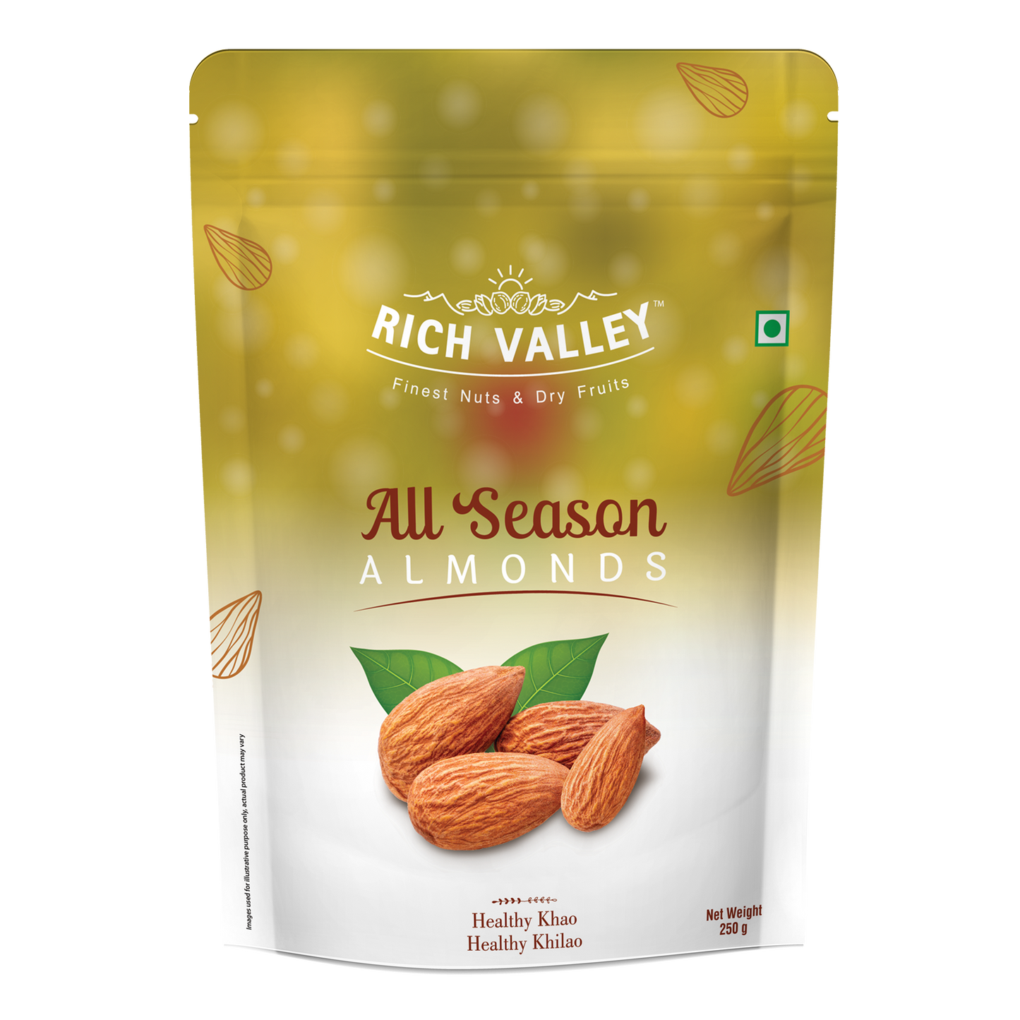 Rich Valley all season almonds packaging on a white background