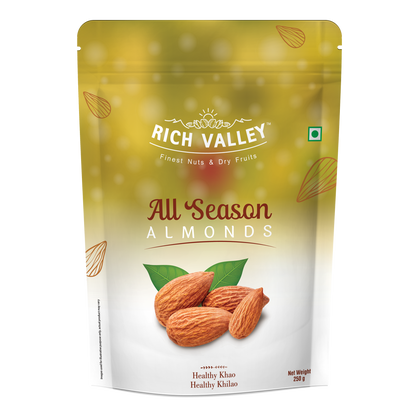 Rich Valley all season almonds packaging on a white background