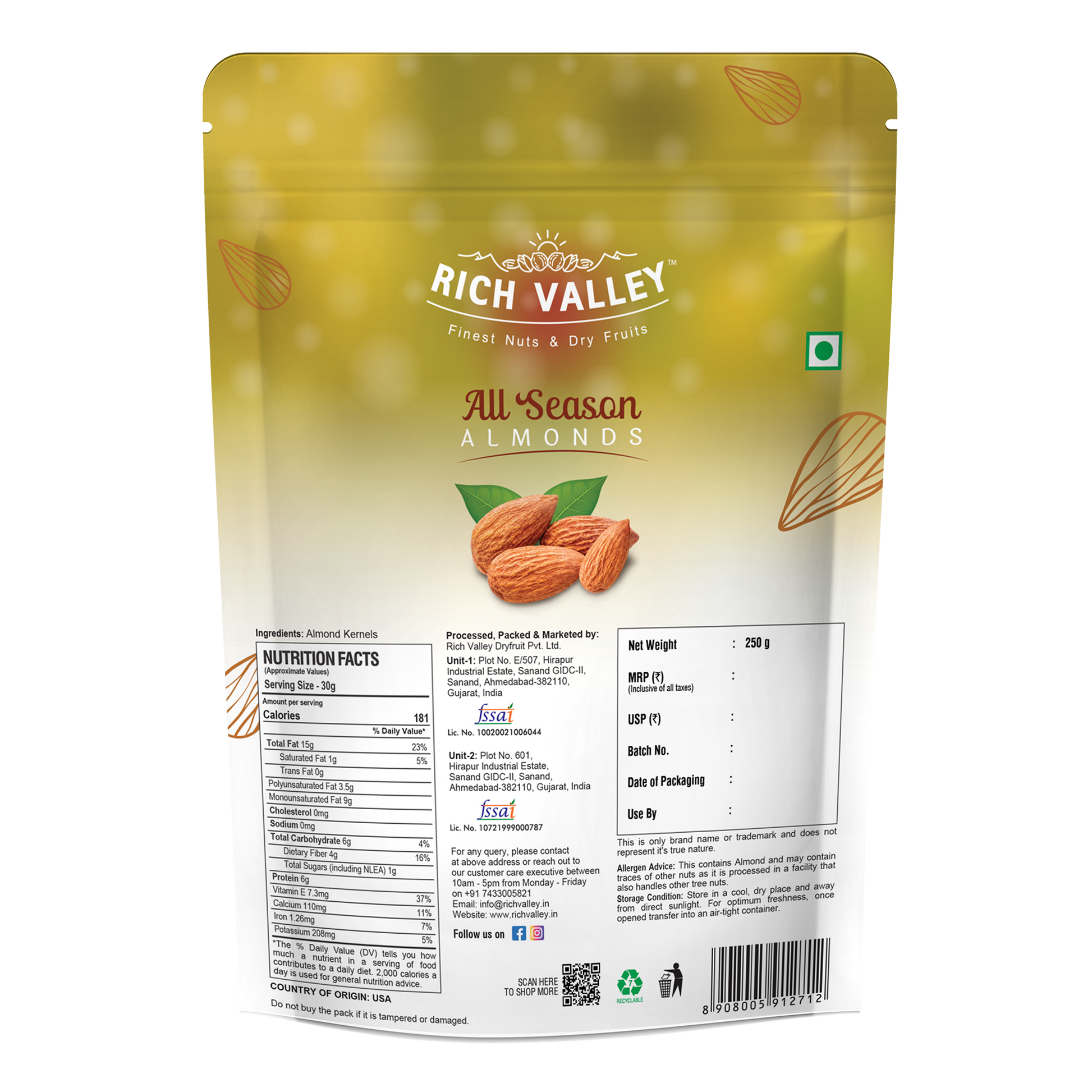 Rich Valley all season almonds packaging on a white background