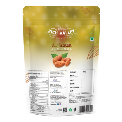 Rich Valley all season almonds packaging on a white background