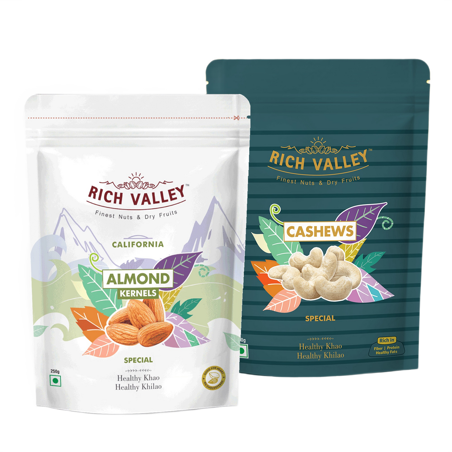 Two Rich Valley packages of almonds and cashews on white background