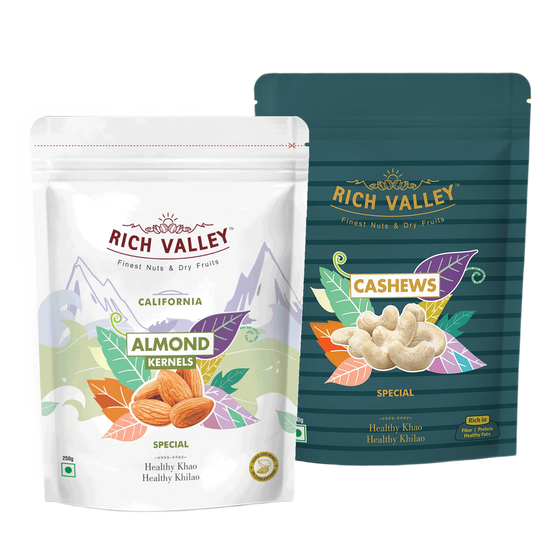 Two Rich Valley packages of almonds and cashews on white background