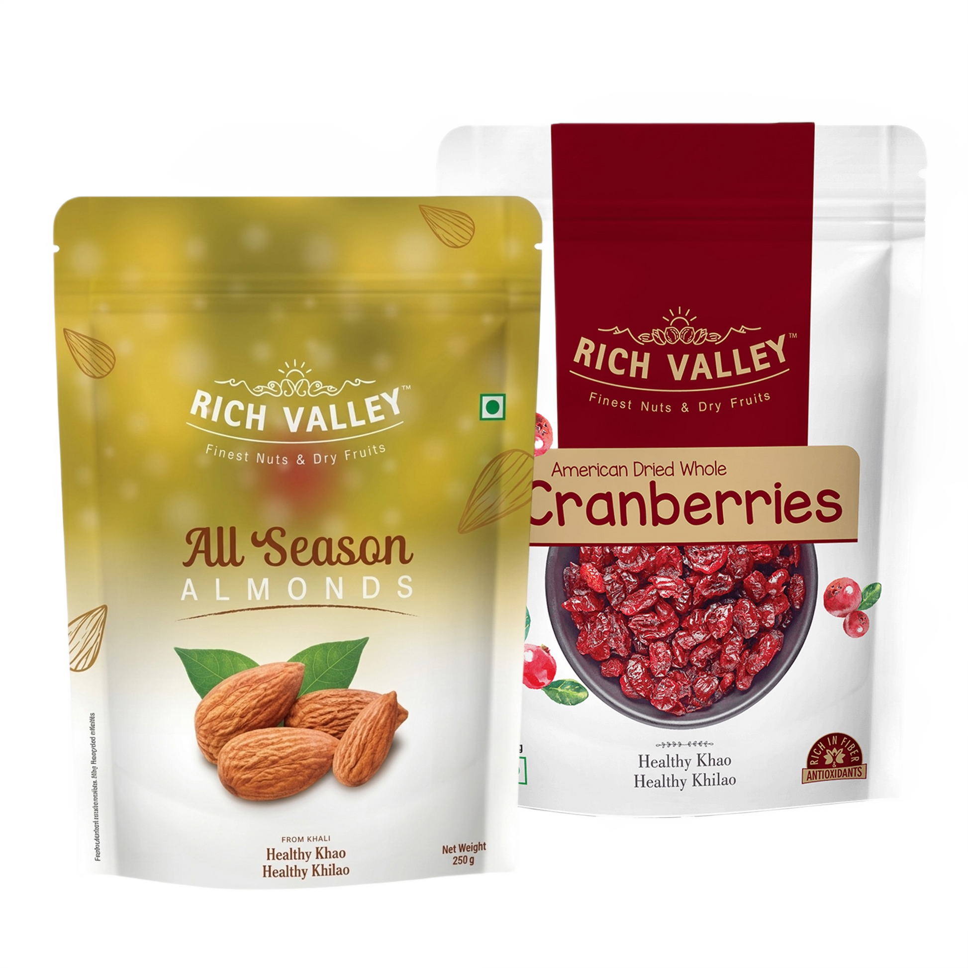 Two Rich Valley packages of all season almonds and cranberries on white background