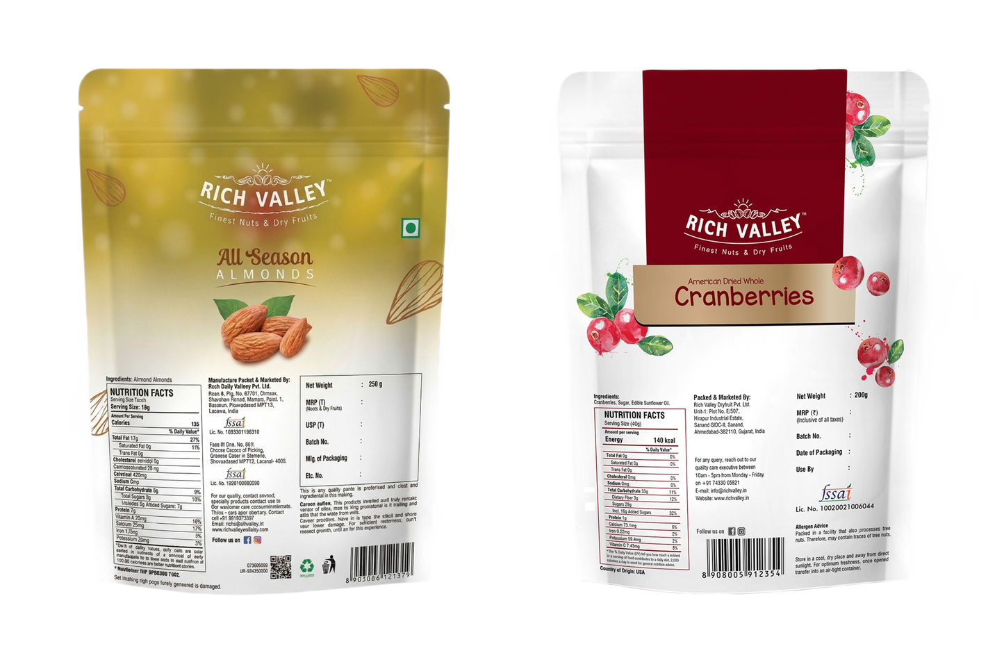 Two Rich Valley packages of almonds and cranberries on white background
